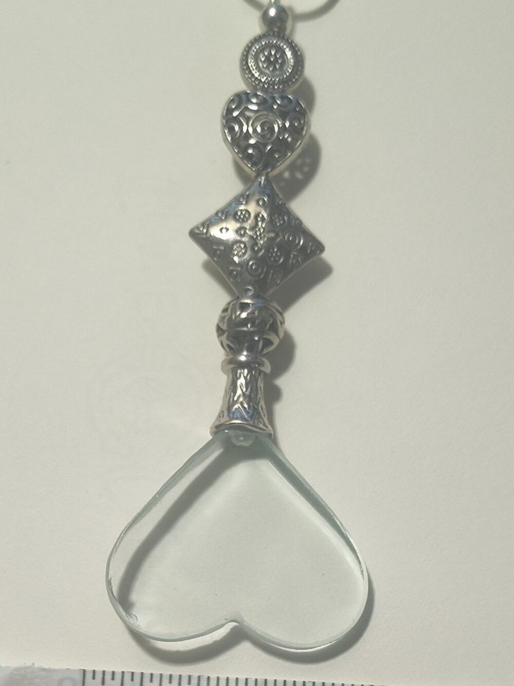 Magnifying Glass Heart Shape Sterling Silver Plated Chain & Beaded Handle Inspir